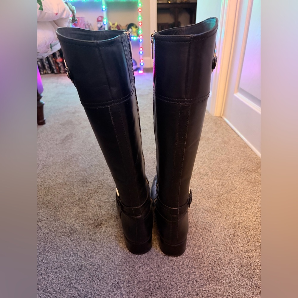 Michael Kors Black Tall Leather Healed Zip Up Boots & Gold Accents Size 8 NWOB - Picture 10 of 13